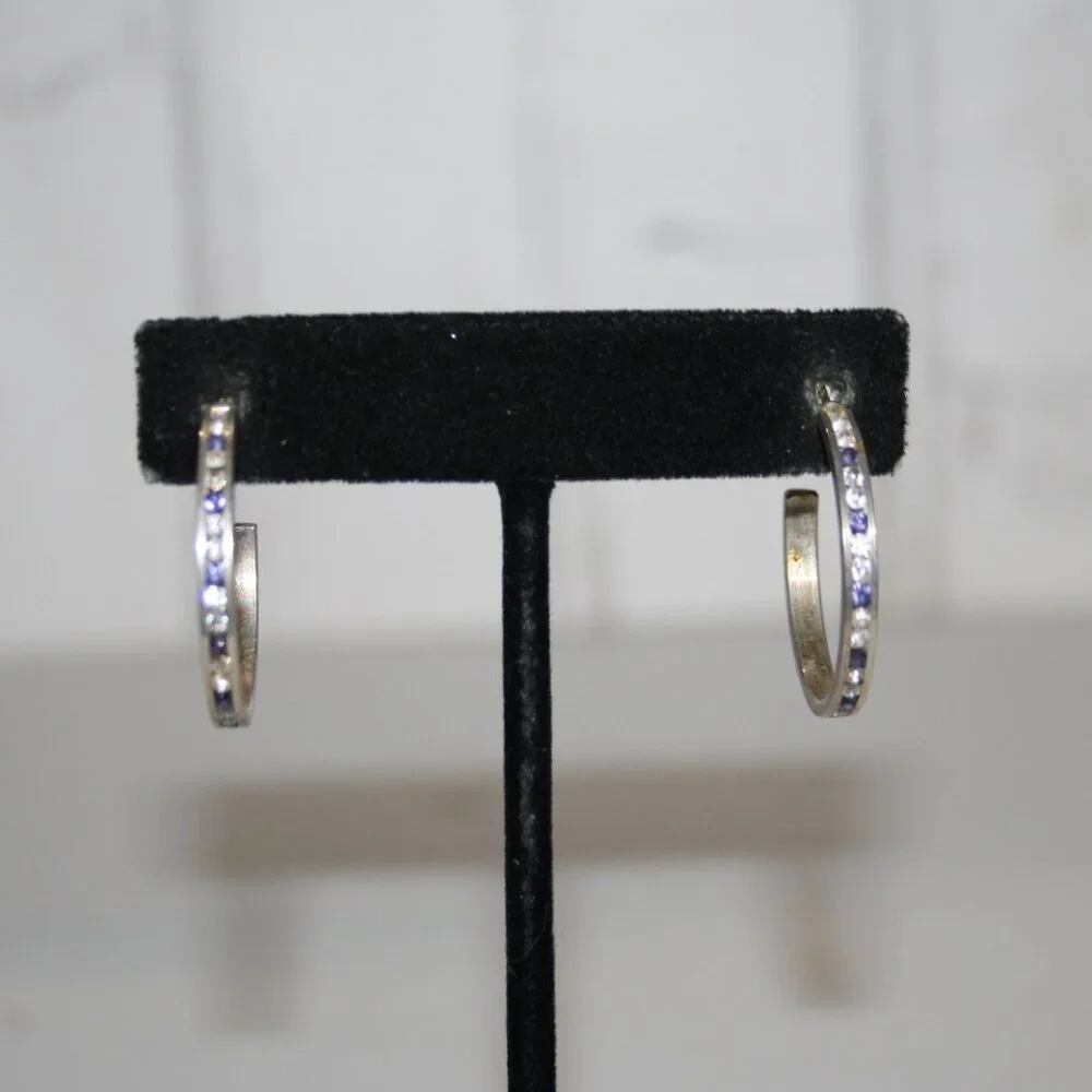 Beautiful silver hoop earrings with blue and white CZ's 1" - Picture 1 of 5